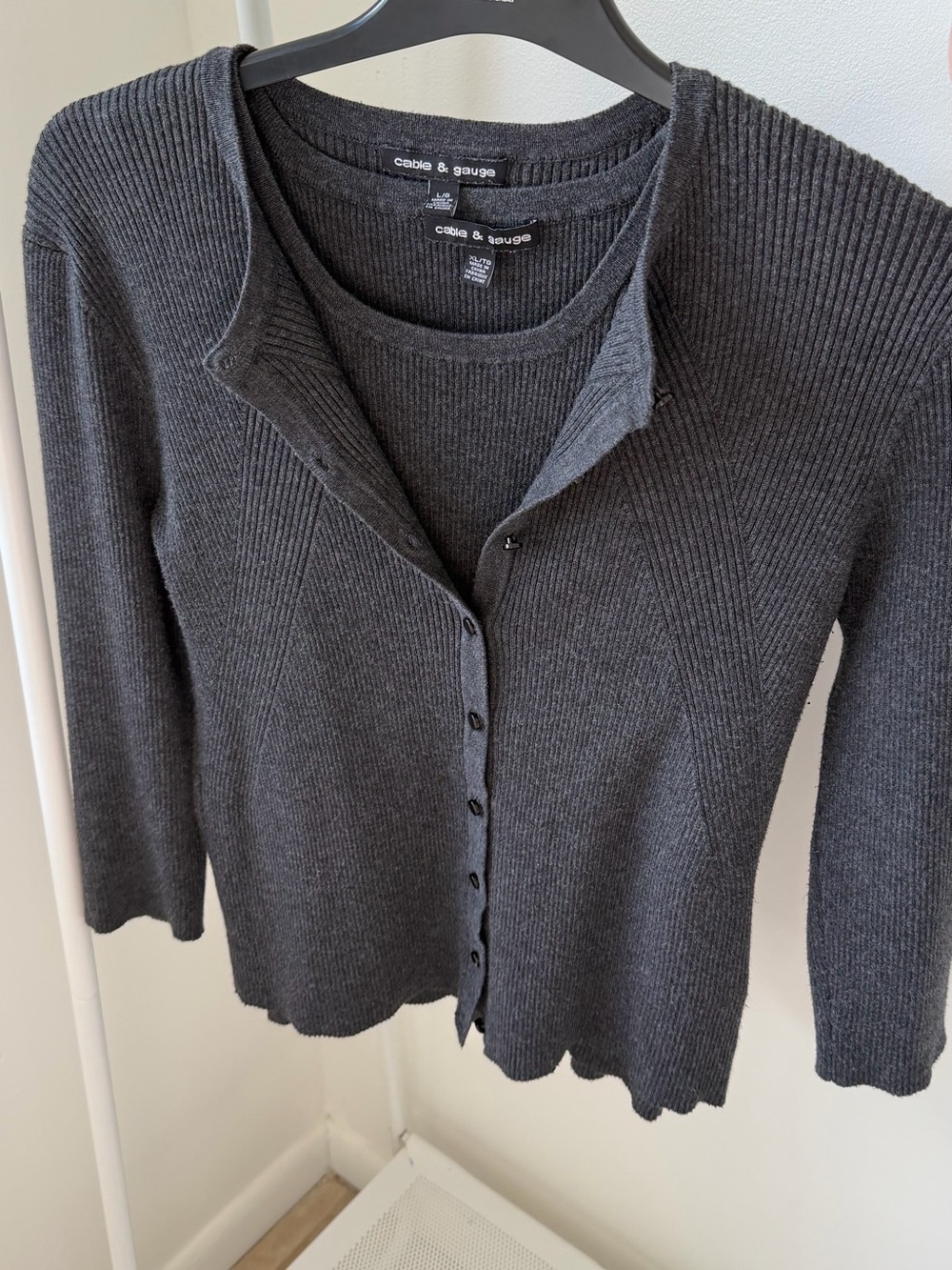 Cable & Gauge Dark Charcoal Ribbed Button Cardigan with Scoop Tank
